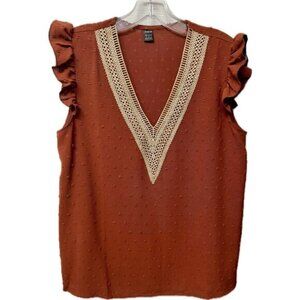 Women’s Lace Trim Ruffle Cap Sleeve Blouse w. Swiss Dot Pattern - Size Medium